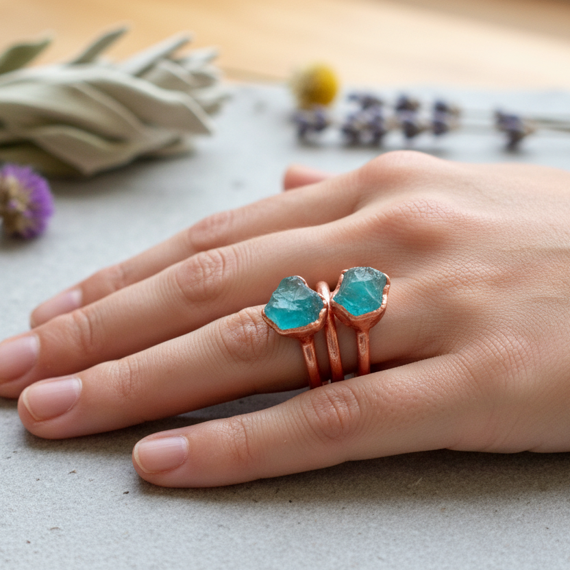 Blue Apatite Ring Bright Copper Hand Shot
