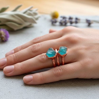 Blue Apatite Ring Bright Copper Hand Shot