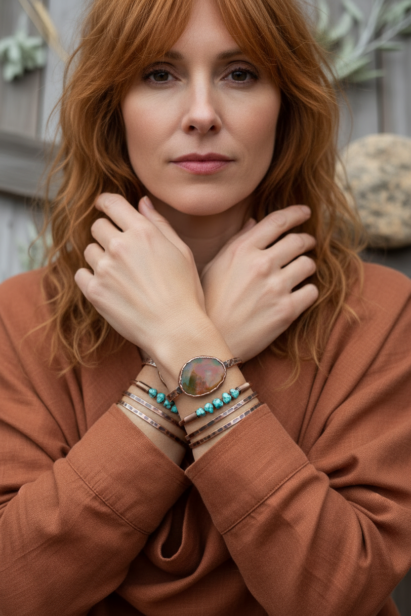 Bracelet Stack - Red Hair Model Hands Up