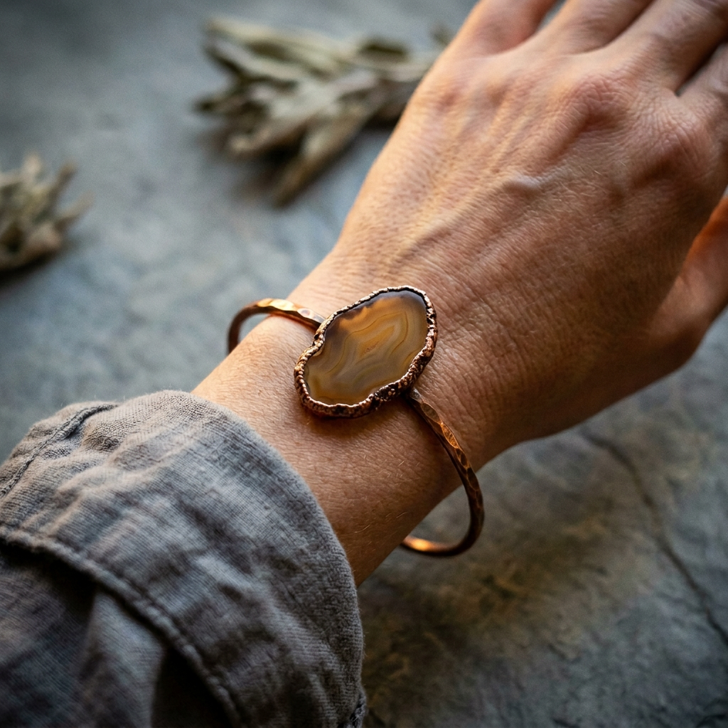 Brazilian agate bangle overhead wrist concept