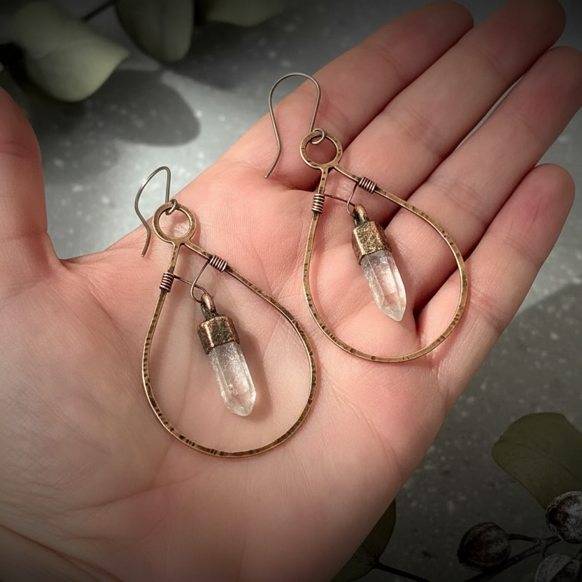 Bronze Quartz Teardrop Hoop Earrings — Hand Shot