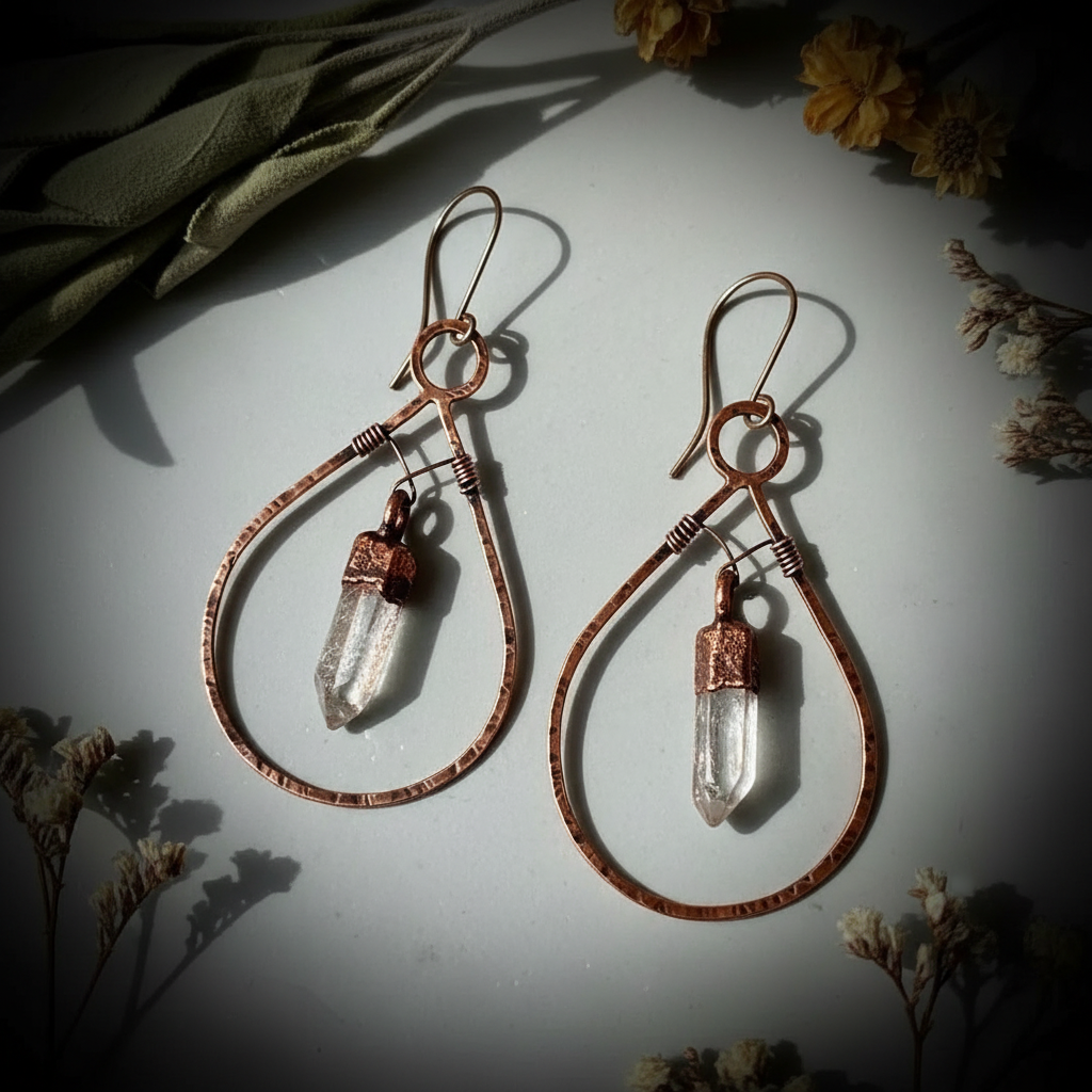 Bronze Quartz Teardrop Hoop Earrings — Hero Flat Lay