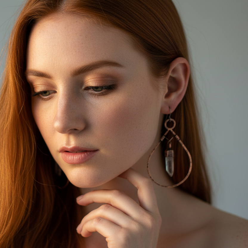 Bronze Quartz Teardrop Hoop Earrings — Model Shot