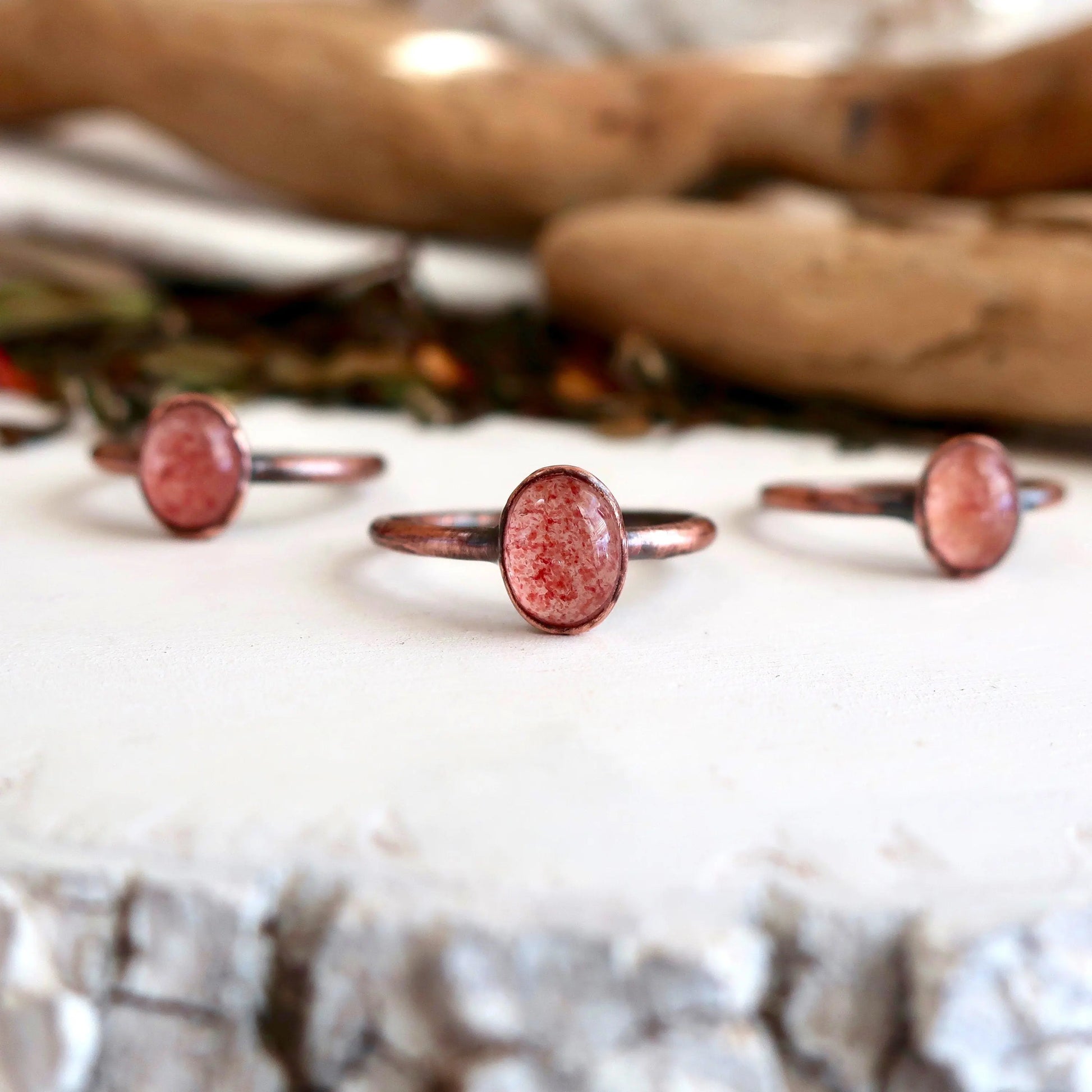 Electroformed Copper Ring with Strawberry Quartz Blackbird & Sage Studio