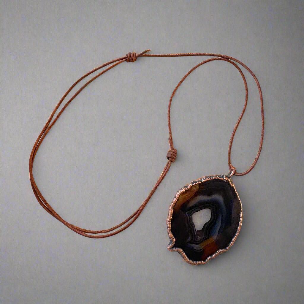 Blue Agate Slice Statement Necklace with Copper Pendant - Blackbird & Sage Jewelry