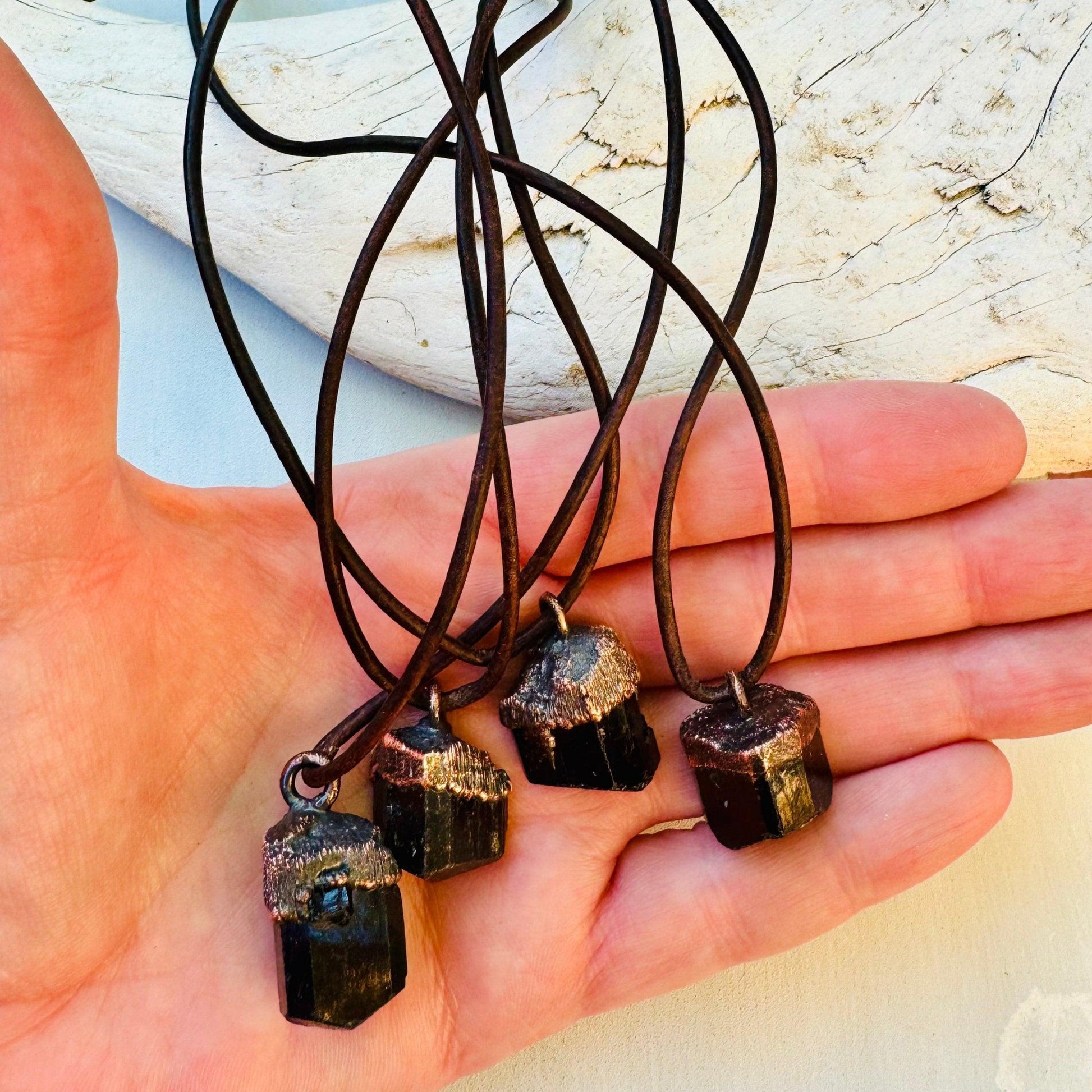 Raw Black Tourmaline Necklace with Copper Leather Pendant for Protection - Blackbird & Sage Jewelry