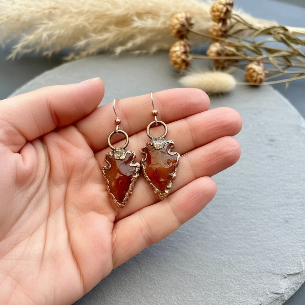 Carnelian Arrowhead Earrings Palm Shot