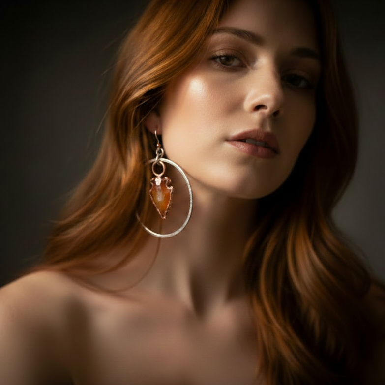 Carnelian Arrowhead Hoop Earrings Model Shot