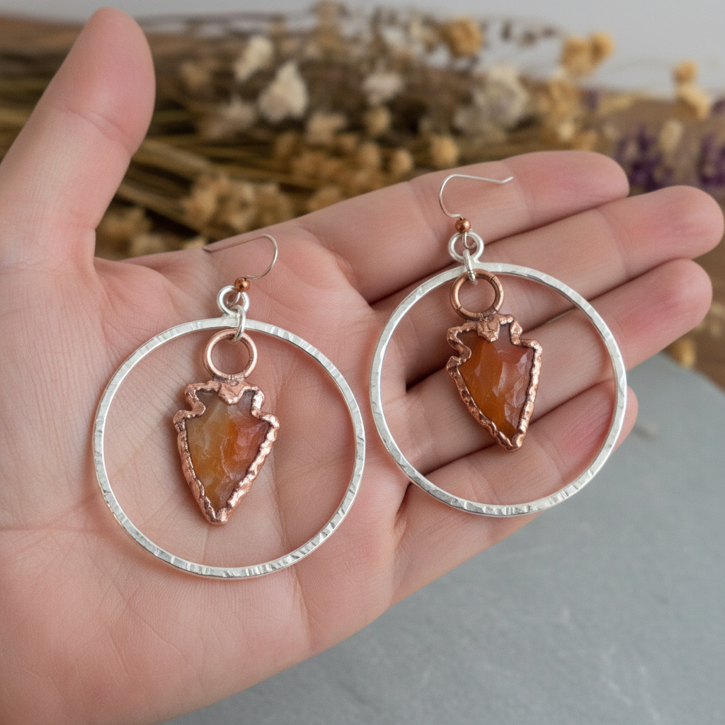 Carnelian Arrowhead Hoop Earrings Palm Shot