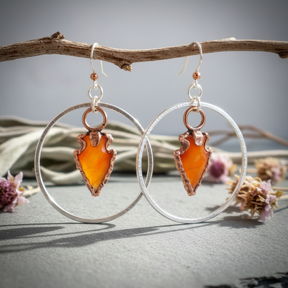 Carnelian Arrowhead Hoop Earrings — Two on Branch