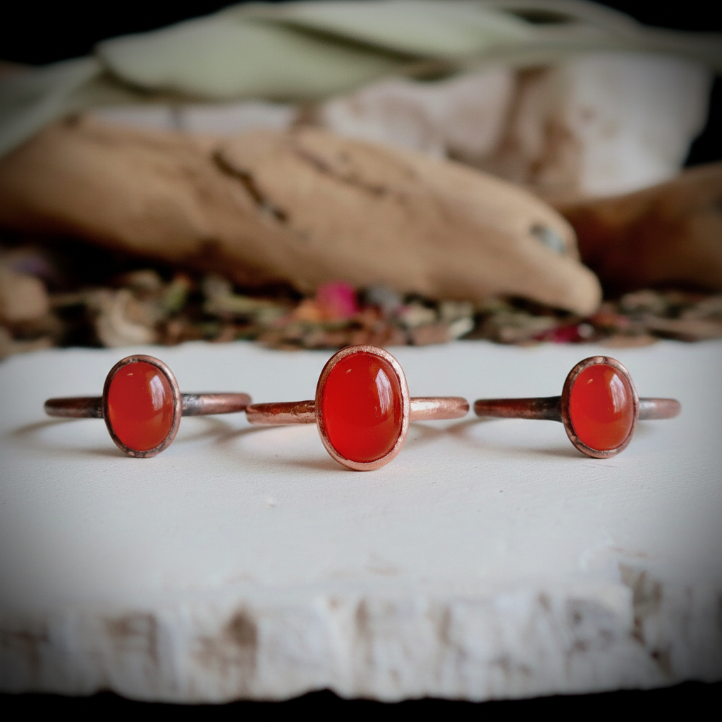 Carnelian Oval Rings Antique Copper Trio