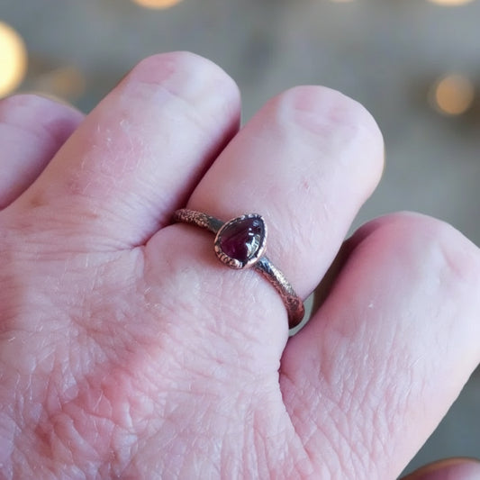 Pear-Shaped Garnet Ring in Electroformed Copper Jewelry - Blackbird & Sage Jewelry