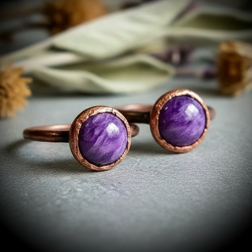 Charoite Ring – Antique Copper Flat Lay