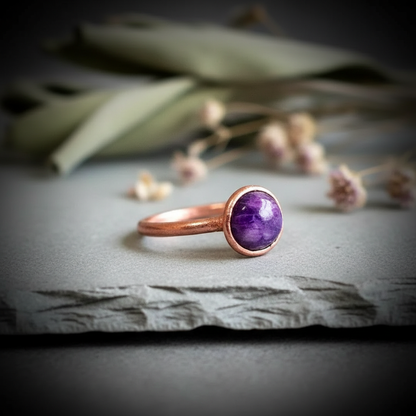 Charoite Ring – Bright Copper Flat Lay