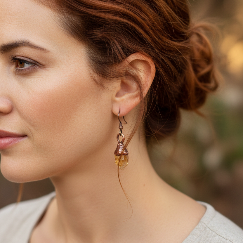 Citrine Earrings on Redhead Model