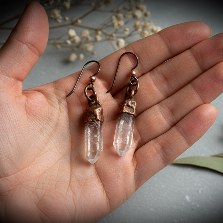 Clear Quartz Point Earrings — Hand Shot