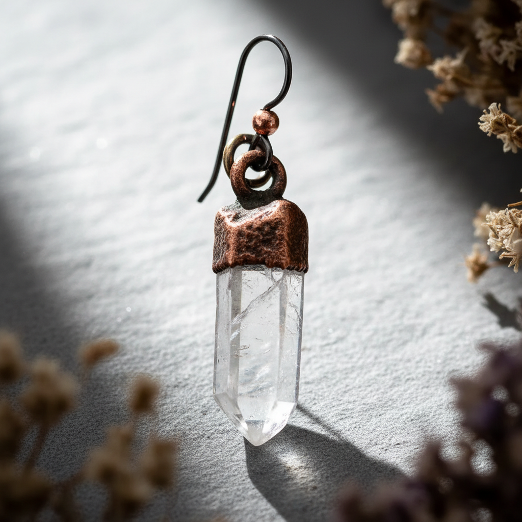 Clear Quartz Point Earrings — Macro