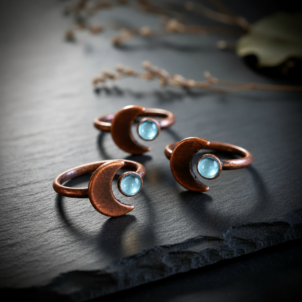 Cluster of light blue topaz crescent moon rings