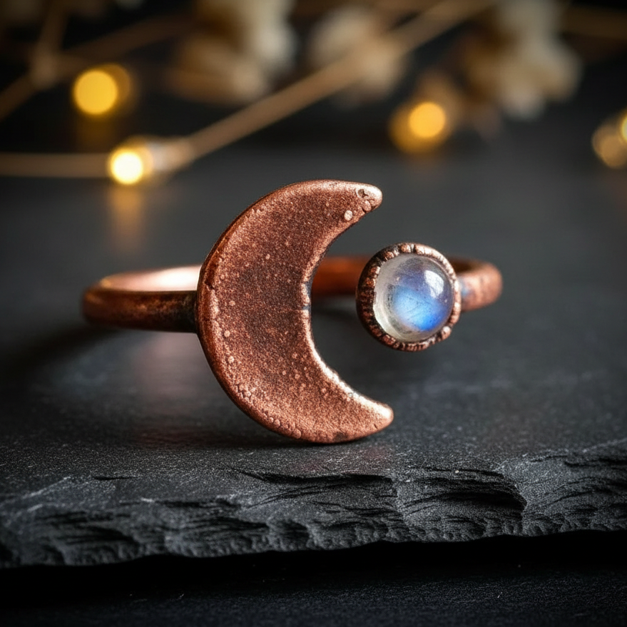 Crescent moon bypass ring elevated angle on dark charcoal slate