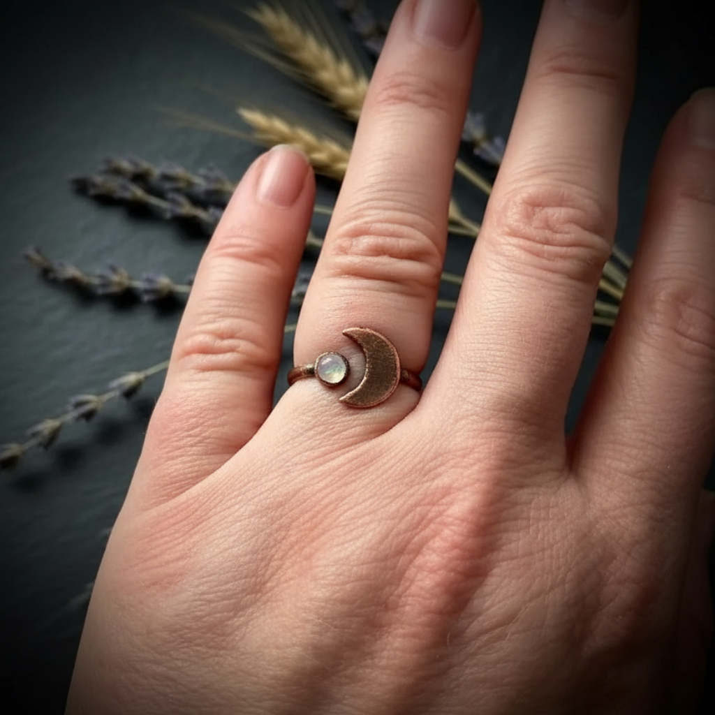 Crescent moon bypass ring hand shot on dark charcoal slate