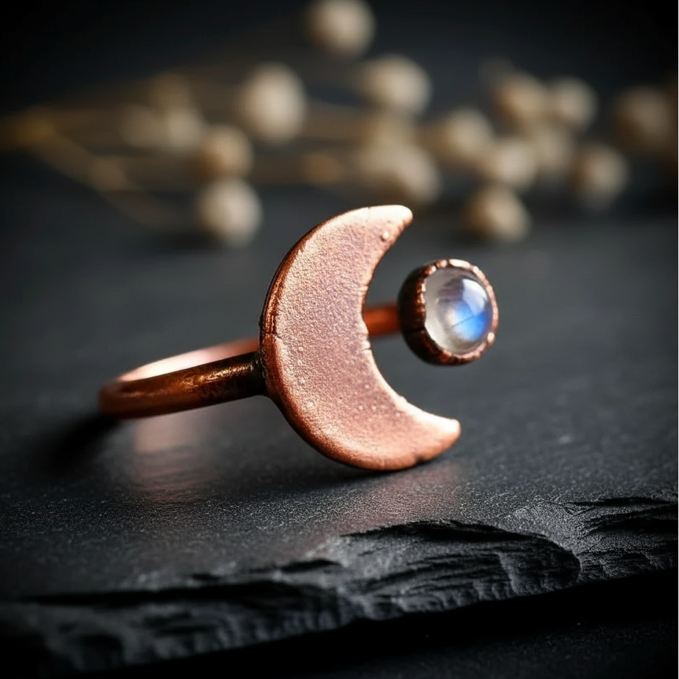 Crescent moon bypass ring side profile on dark charcoal slate