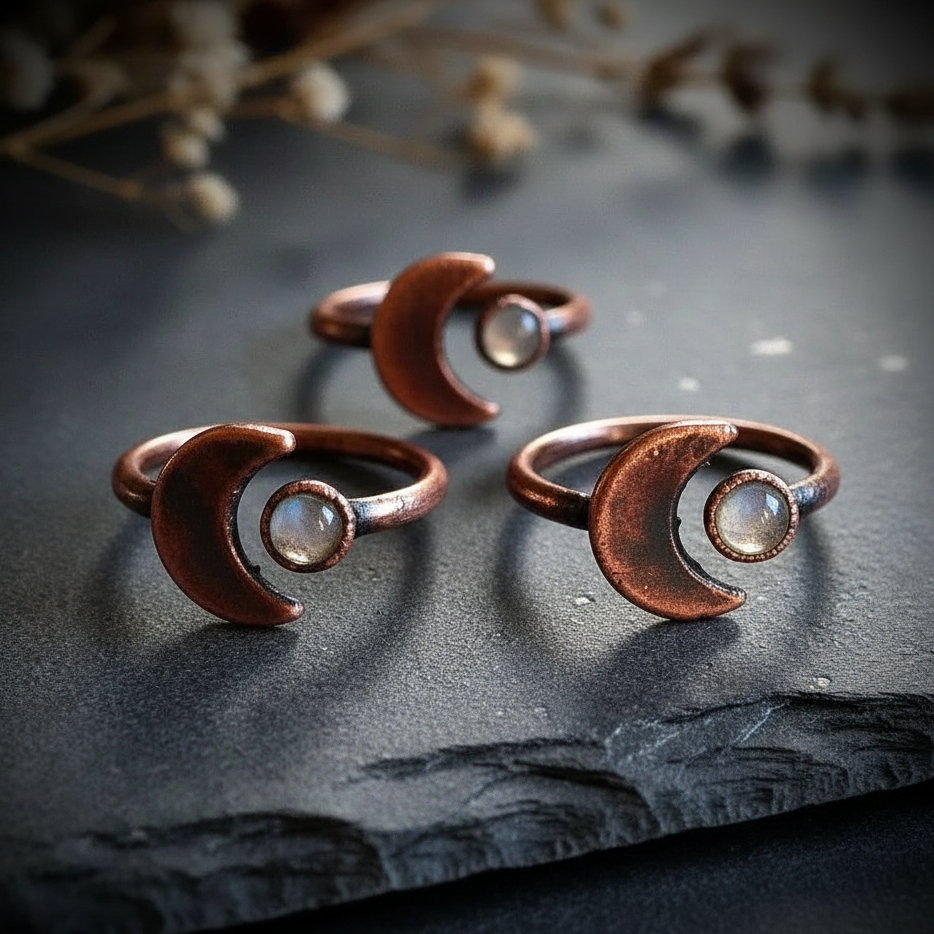Crescent moon bypass rings cluster on dark charcoal slate