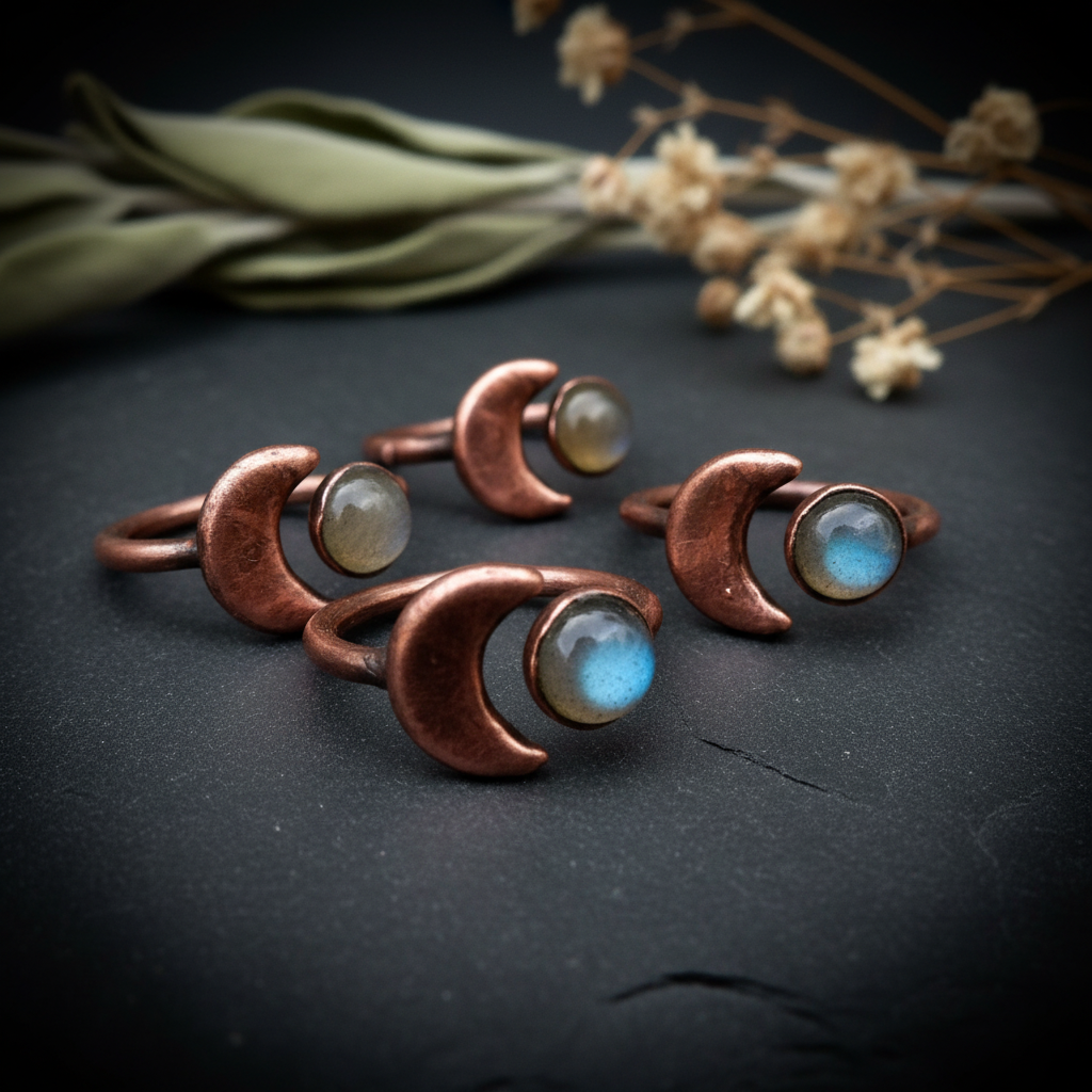 Crescent Moon Labradorite Ring Cluster