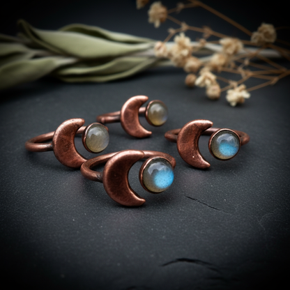 Crescent Moon Labradorite Ring Cluster