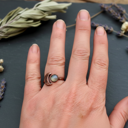 Crescent Moon Labradorite Ring Hand Shot Fixed