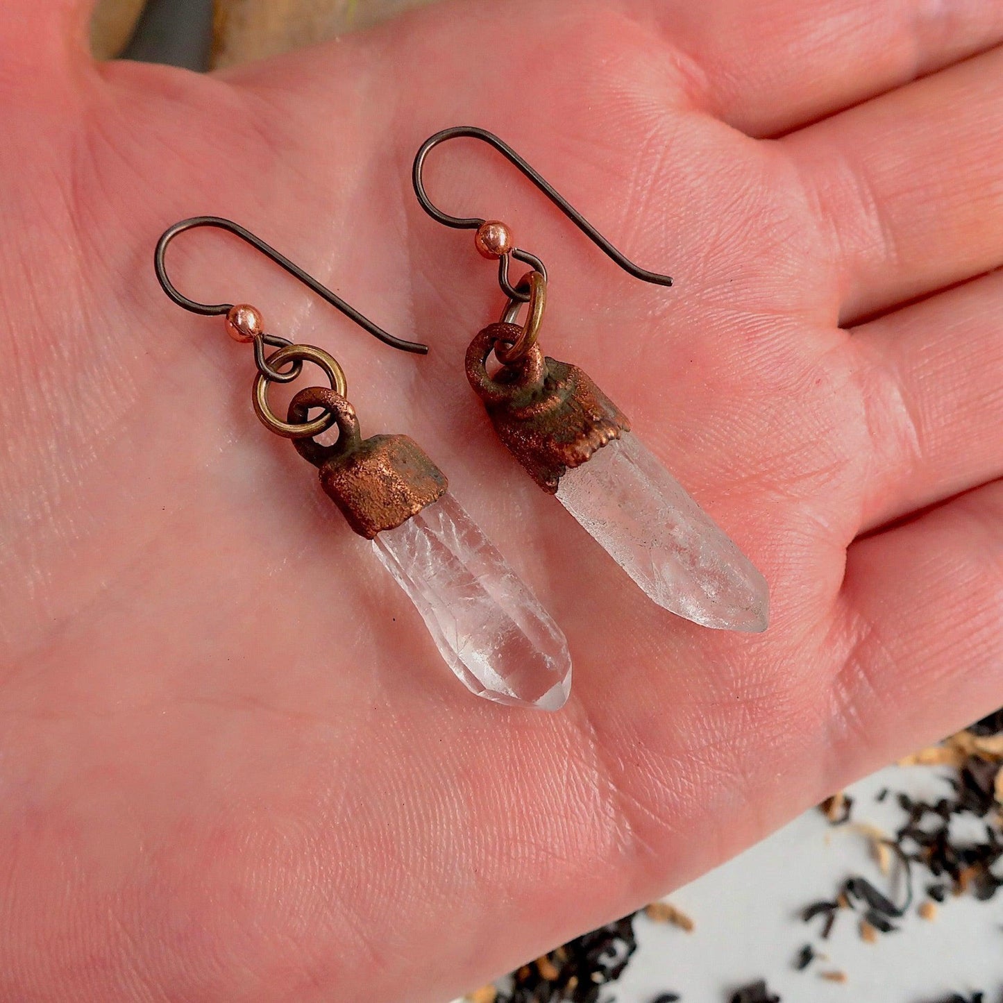 Handmade Raw Quartz Earrings with Copper Caps and Niobium Comfort - Blackbird & Sage Jewelry