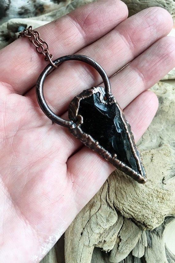 Large Obsidian Arrowhead Necklace in Electroformed Copper - Blackbird & Sage Jewelry