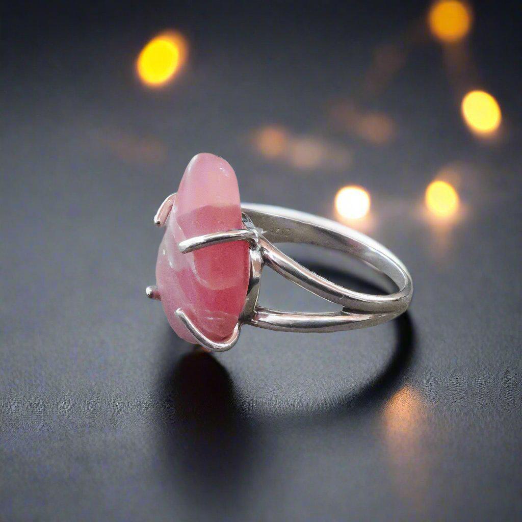 Tumbled Rhodochrosite Ring in Sterling Silver for Healing - Blackbird & Sage Jewelry