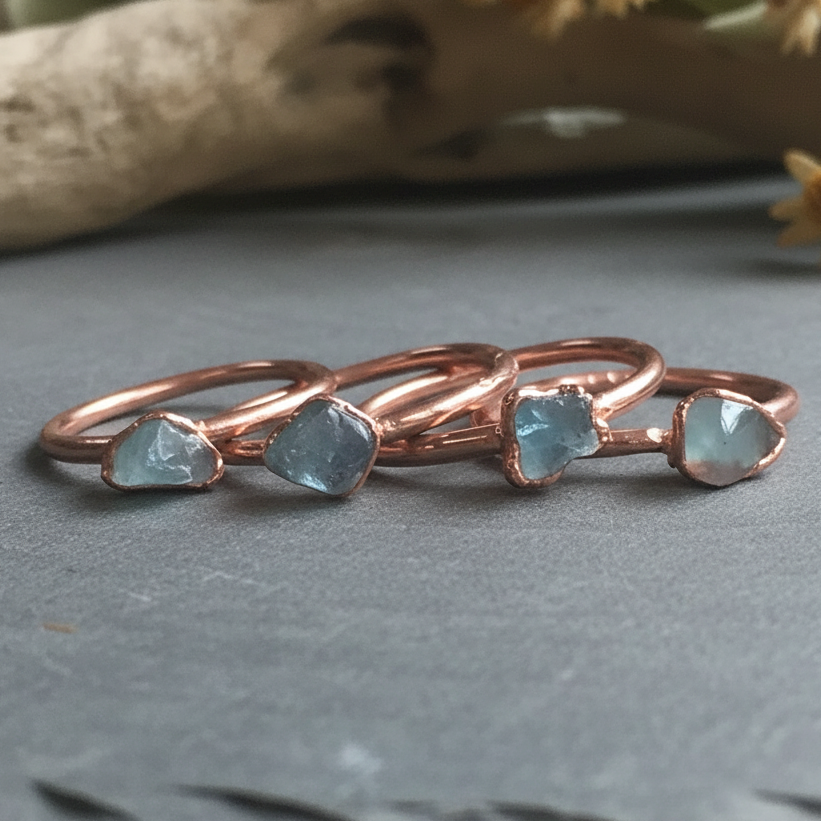 Dainty aquamarine rings fanned row on light grey slate