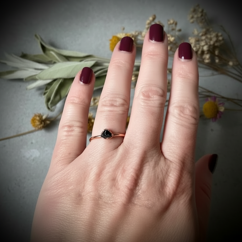 Dainty Black Tourmaline Ring Hand Shot Matte