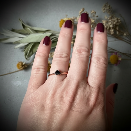 Dainty Black Tourmaline Ring Hand Shot Matte