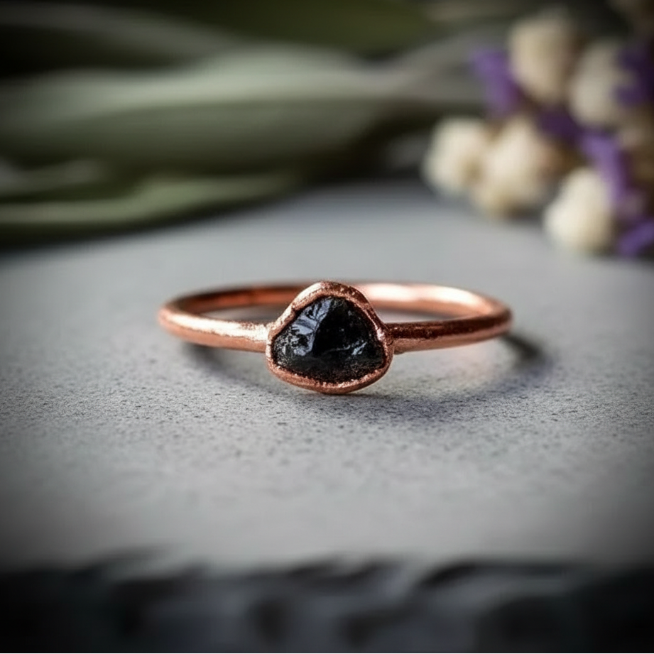Dainty Black Tourmaline Ring Hero Flat Lay