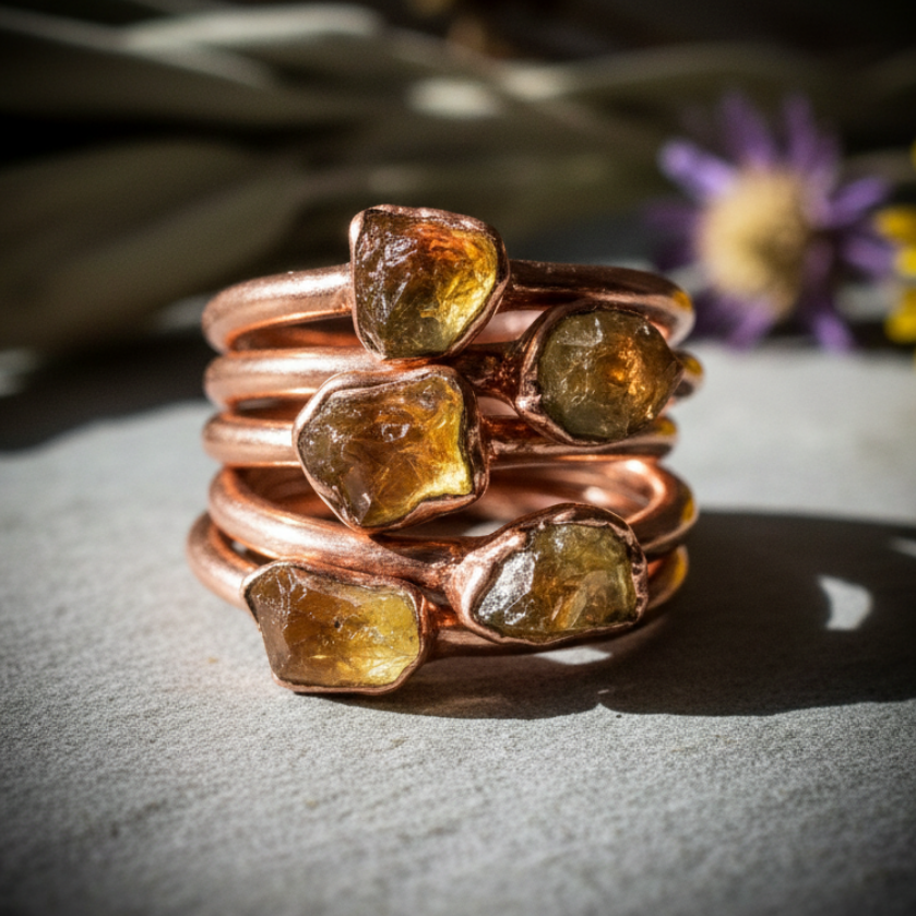 Dainty Citrine Stacking Rings – Flat Lay
