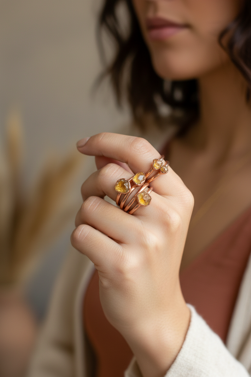 Dainty Citrine Stacking Rings – Model Shot