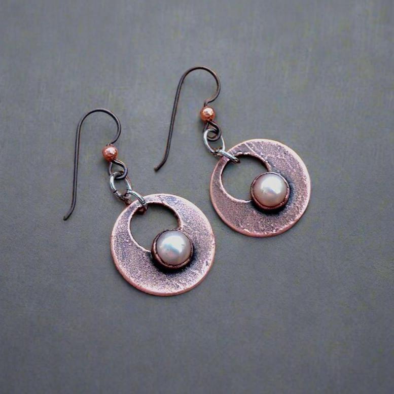 Handcrafted Pearl Drop Earrings with Copper Design Elegance - Blackbird & Sage Jewelry