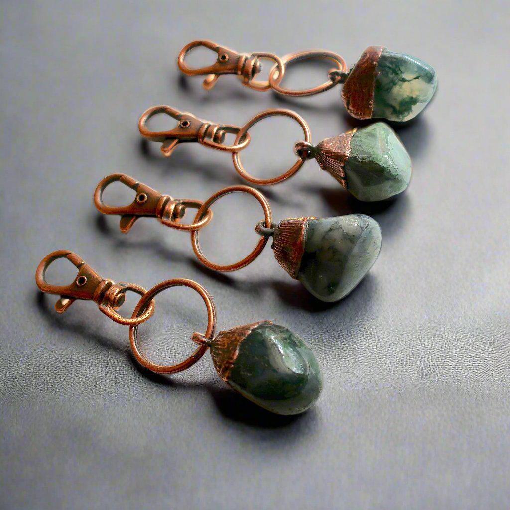 Handmade Moss Agate Keychain in Electroformed Copper Charm for Prosperity - Blackbird & Sage Jewelry