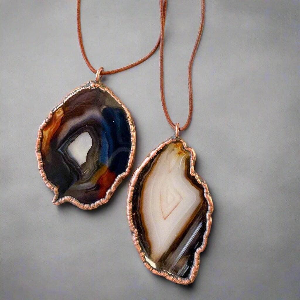 Blue Agate Slice Statement Necklace with Copper Pendant - Blackbird & Sage Jewelry
