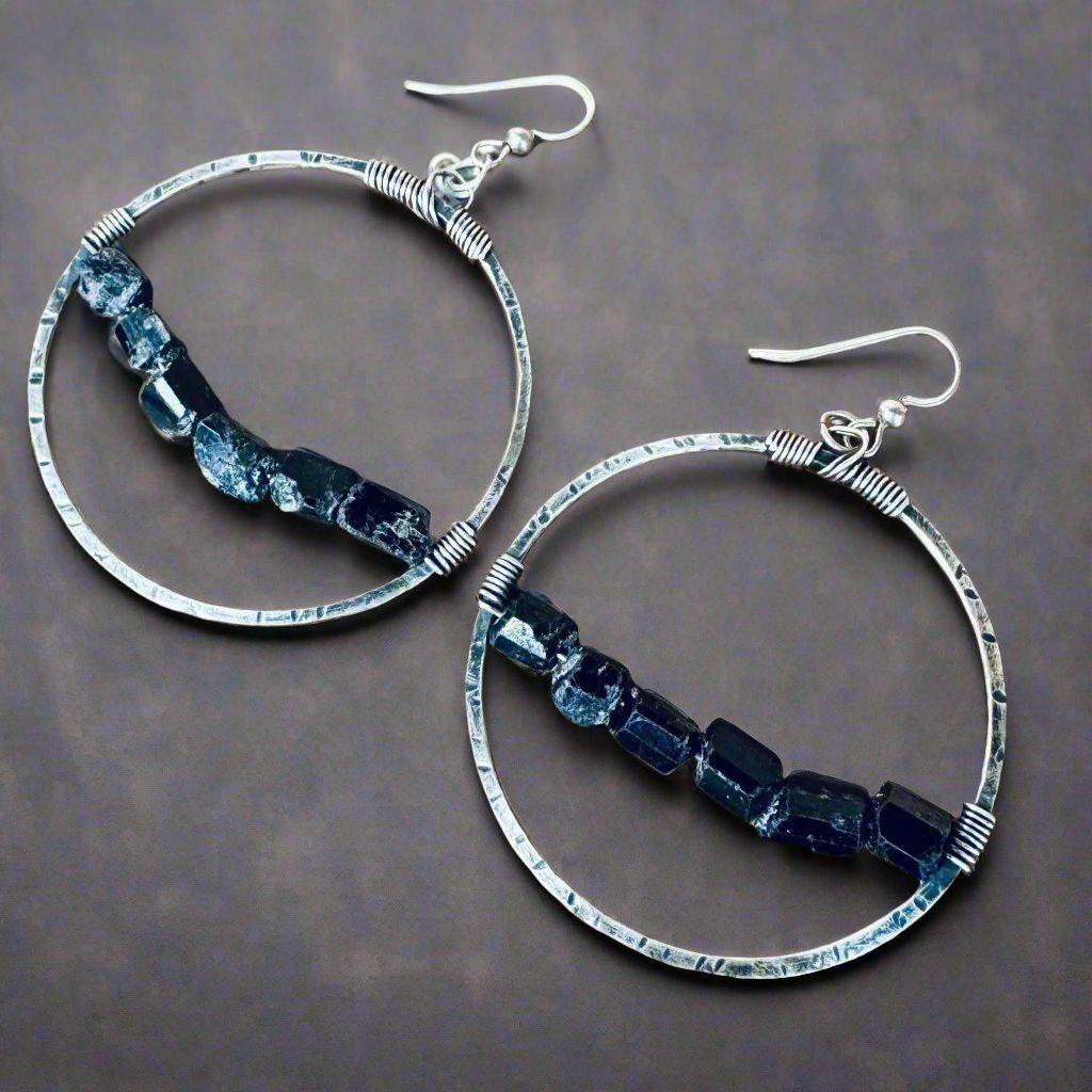 Sterling Silver Hoop Earrings with Black Tourmaline Charm for Protection - Blackbird & Sage Jewelry