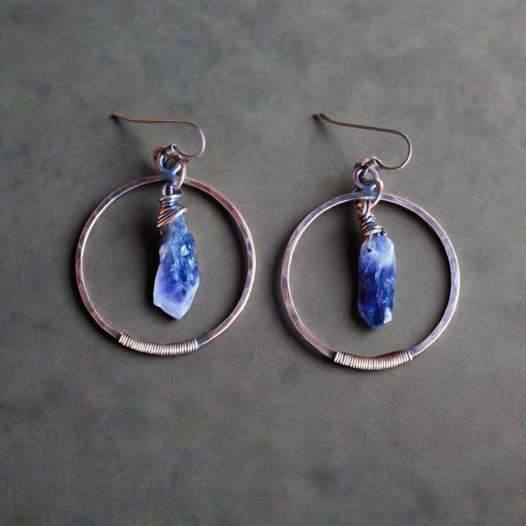 Raw Amethyst Copper Hoop Earrings with Unique Wire Wrap Beauty - Blackbird & Sage Jewelry