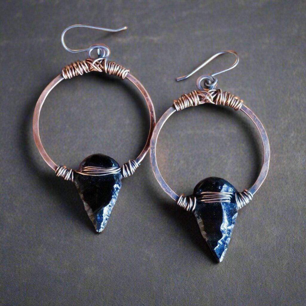 Black Obsidian Arrowheads on Copper Hoops Earrings - Blackbird & Sage Jewelry