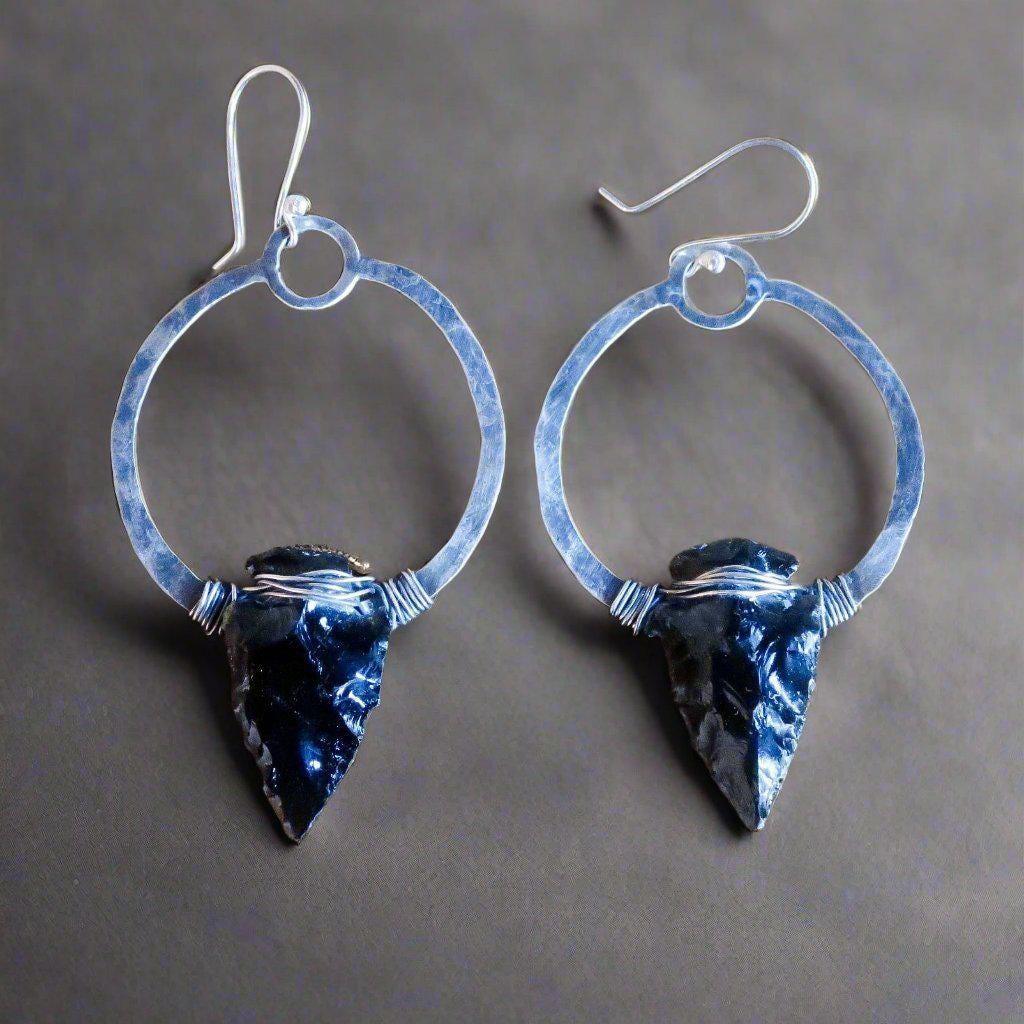 Black Obsidian Earrings in Sterling Silver Hoop Design for Strength - Blackbird & Sage Jewelry