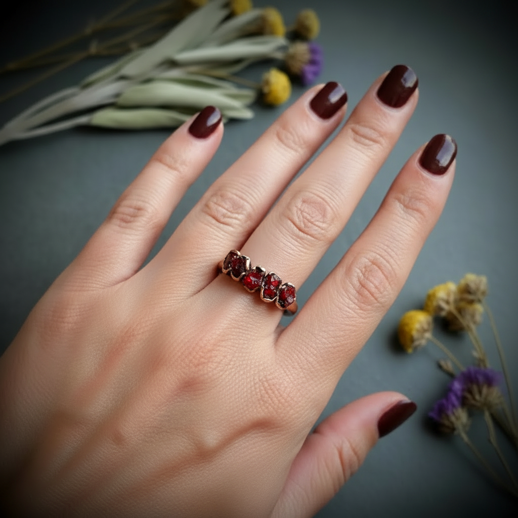 Garnet Ring 4 Stone Hand Shot
