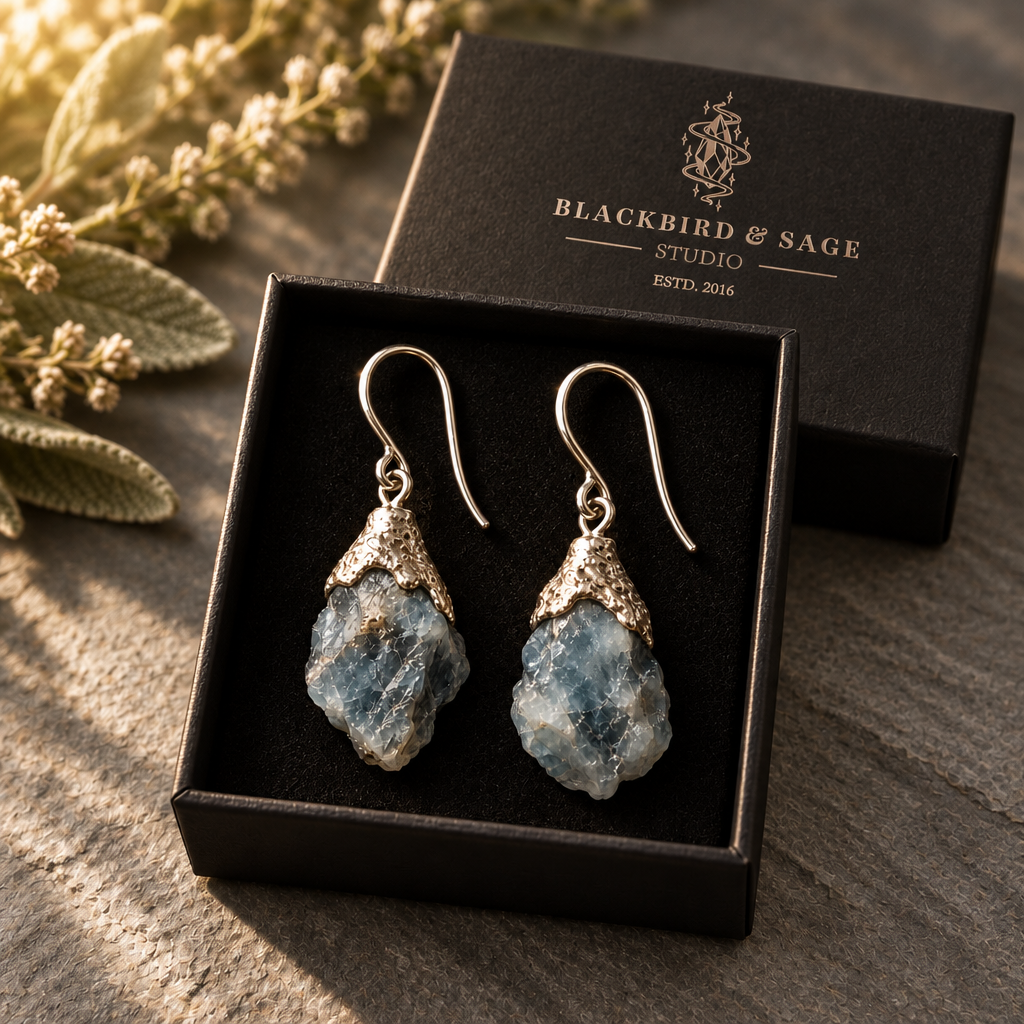 Gemstone earrings in a black presentation box with the supplied logo
