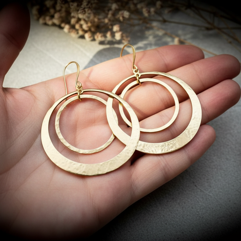 Hammered Brass Double Hoop Earrings — Hand Shot Revised