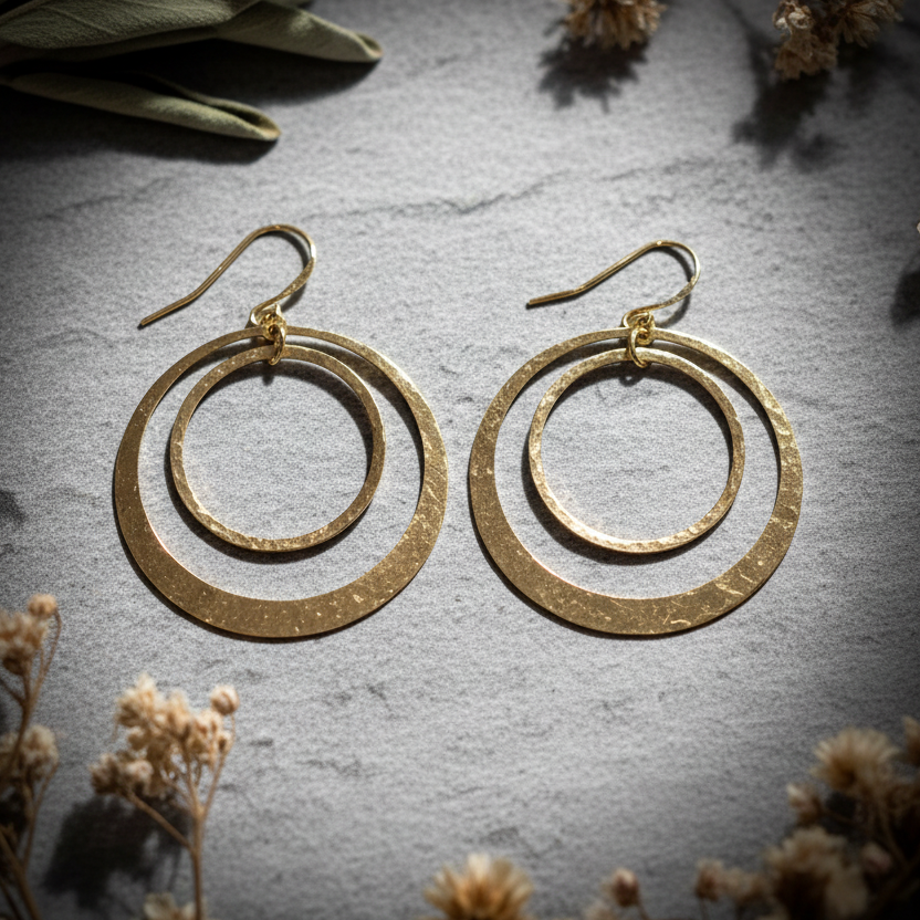 Hammered Brass Double Hoop Earrings — Hero