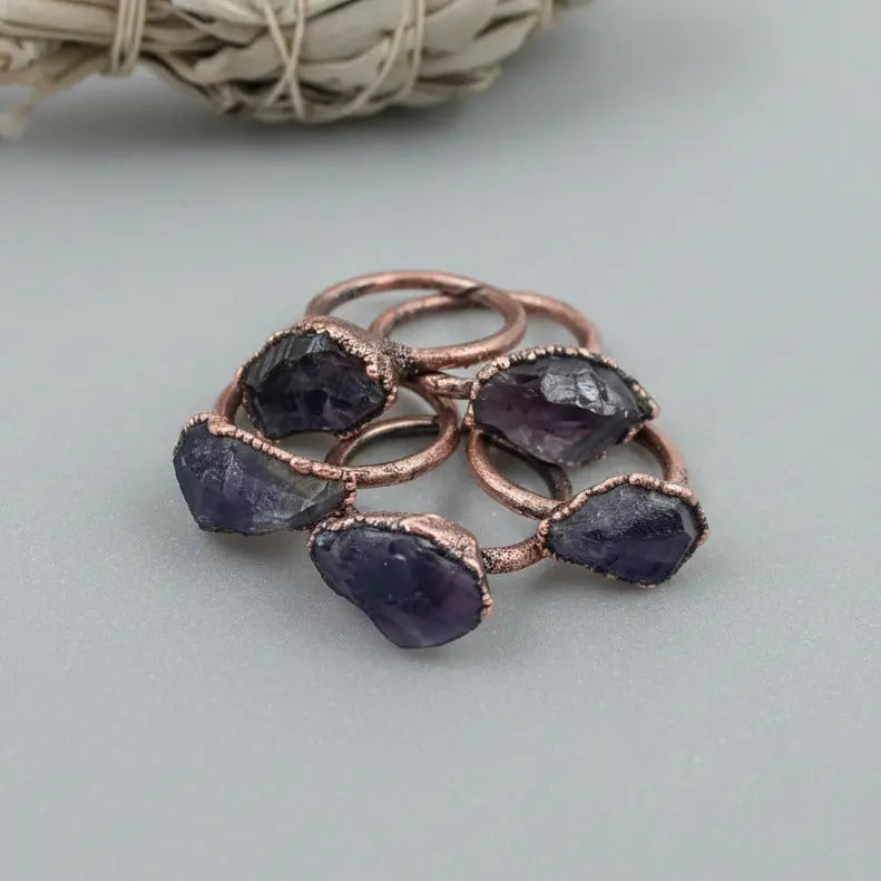 Raw Amethyst Ring, Electroformed Copper Jewelry, February Birthstone